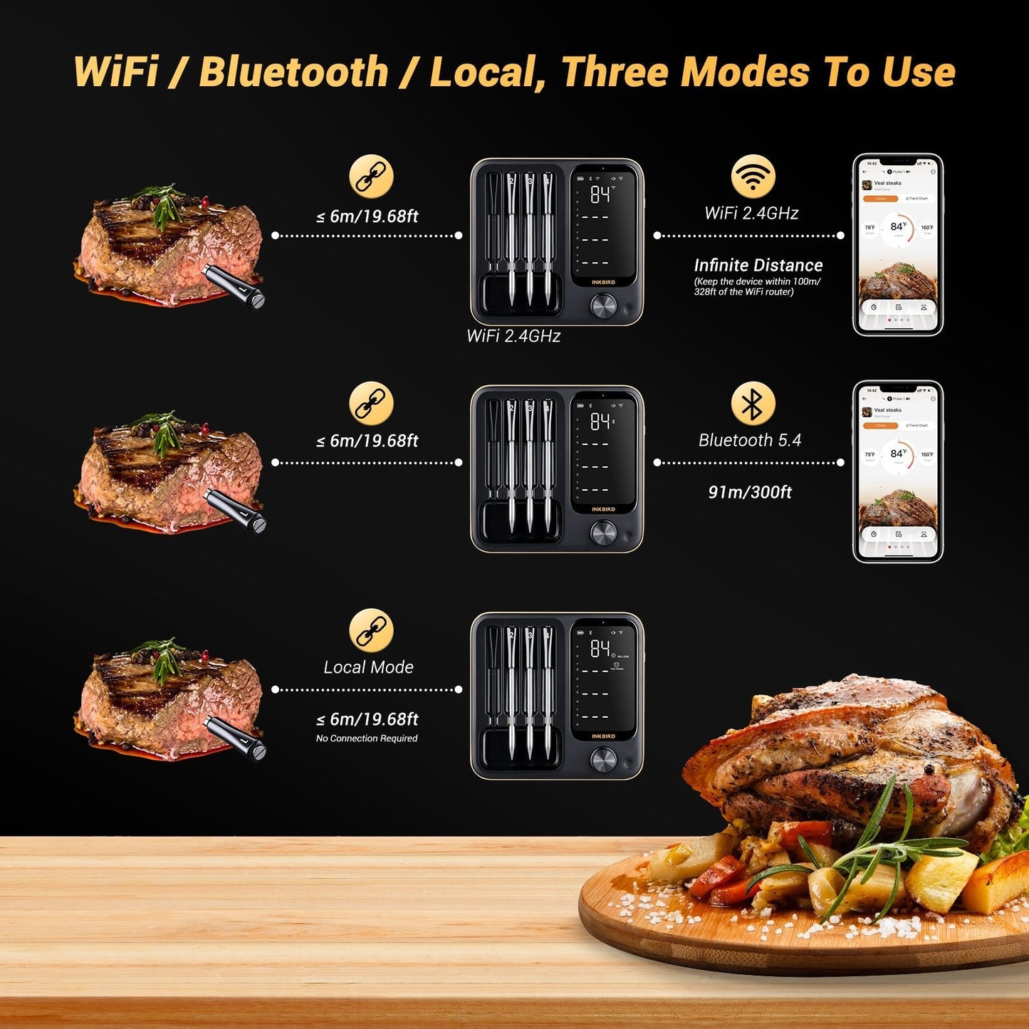 WiFi & Bluetooth Meat Thermometer INT-14-BW